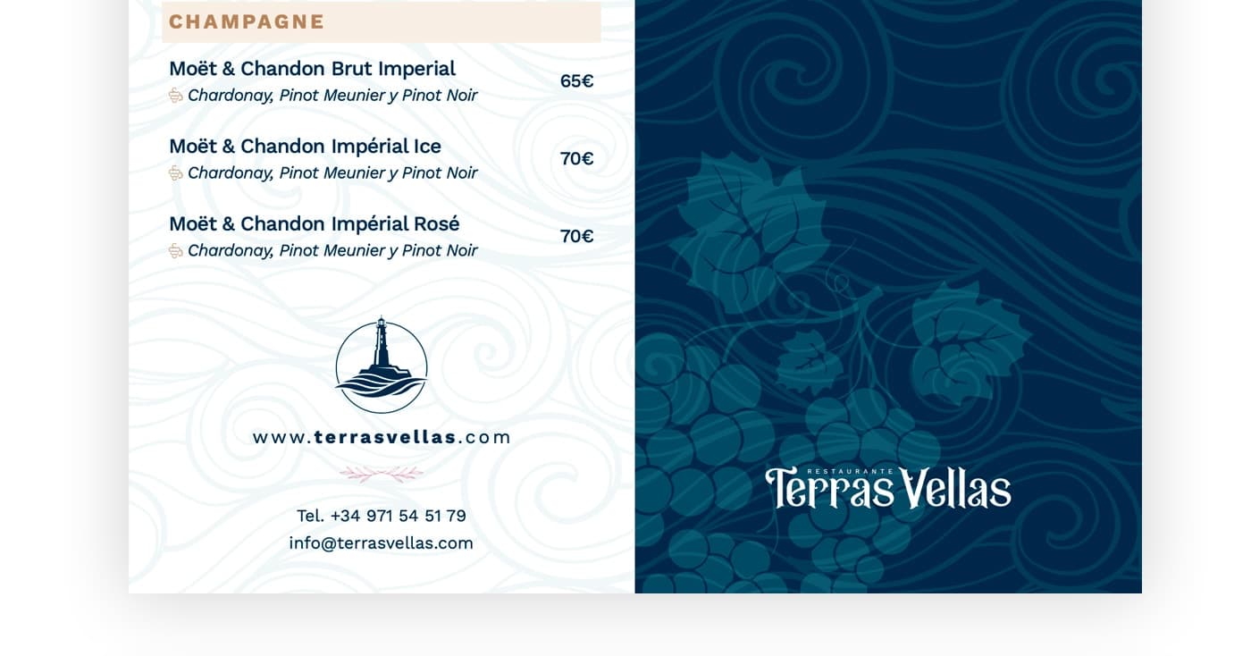 Pàgina de la carta de vins amb el logotip circular del far i les dades de contacte