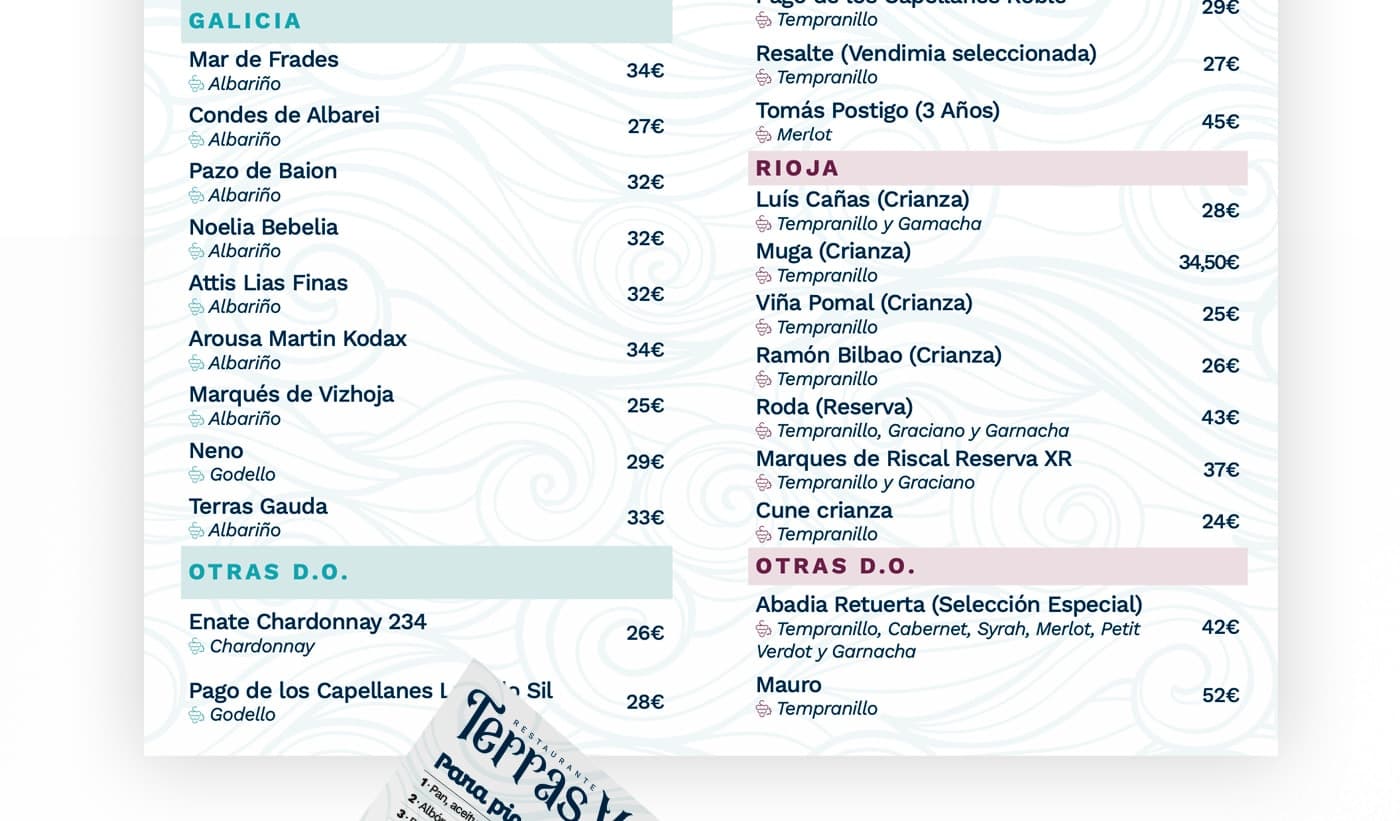 Pàgina de la carta amb els vins blancs de Galícia i els negres de Rioja
