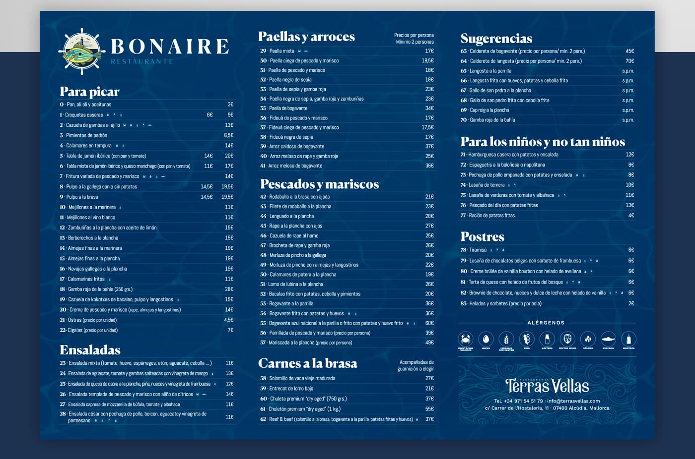 Bonaire restaurant menu in Spanish with sections for paellas, fish and grilled meats