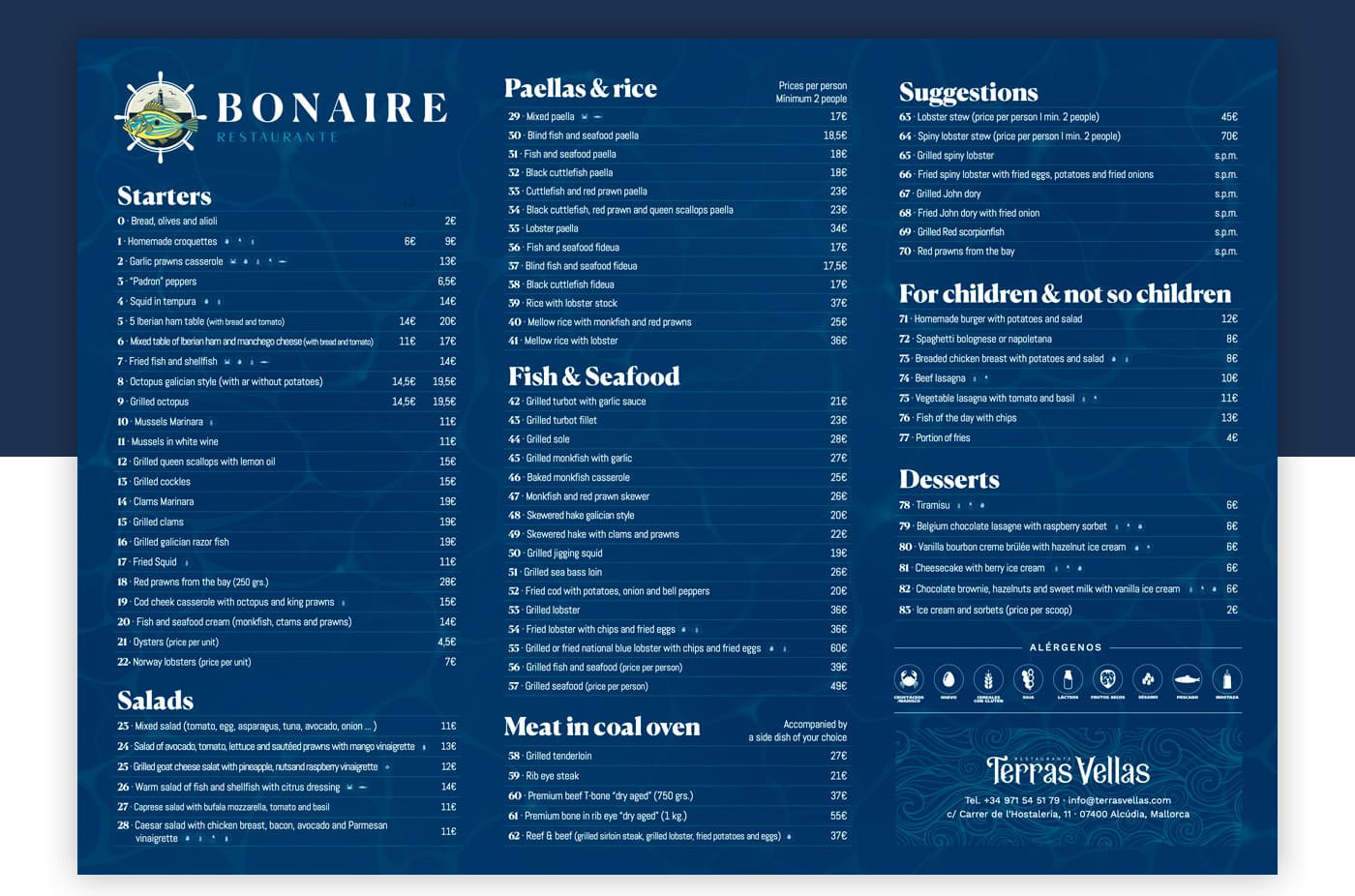 Bonaire restaurant menu in English with the starters, fish and seafood sections