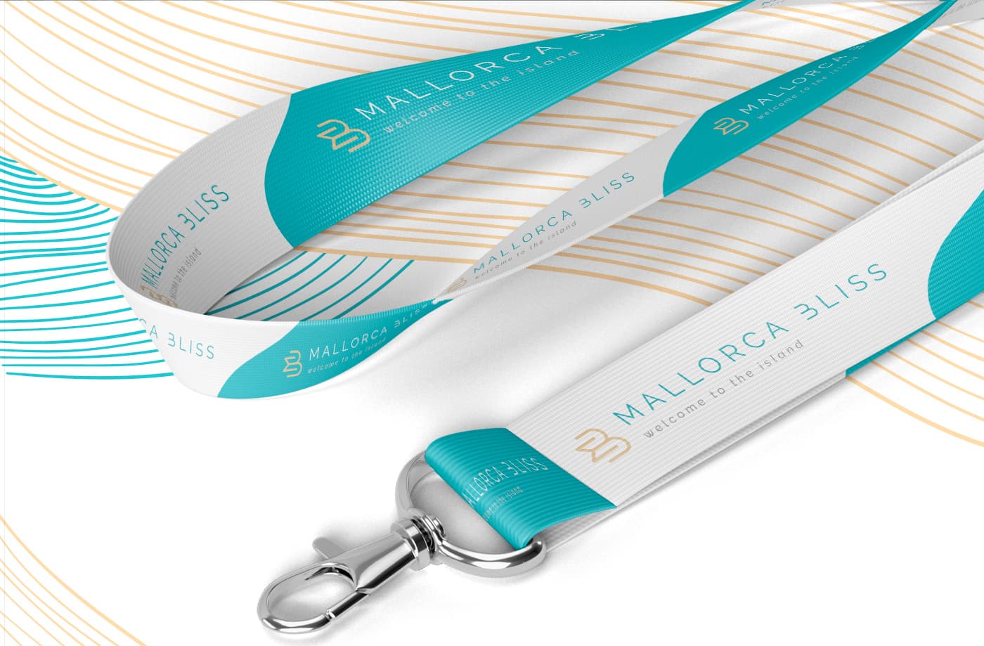 Turquoise and gold lanyard with the Mallorca Bliss logo