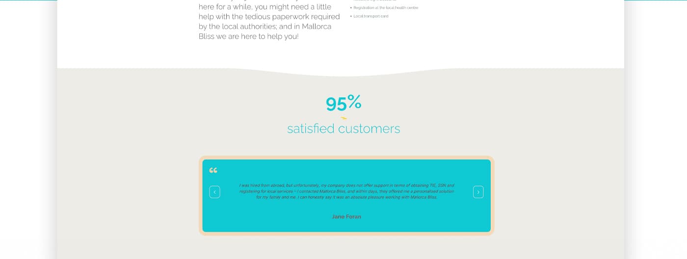 Website section with the figure 95% satisfied customers and a customer testimonial