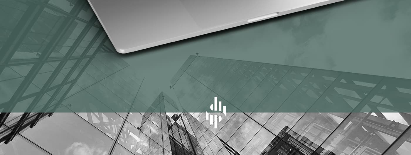 Logotype symbol in white over a photograph of glass facades