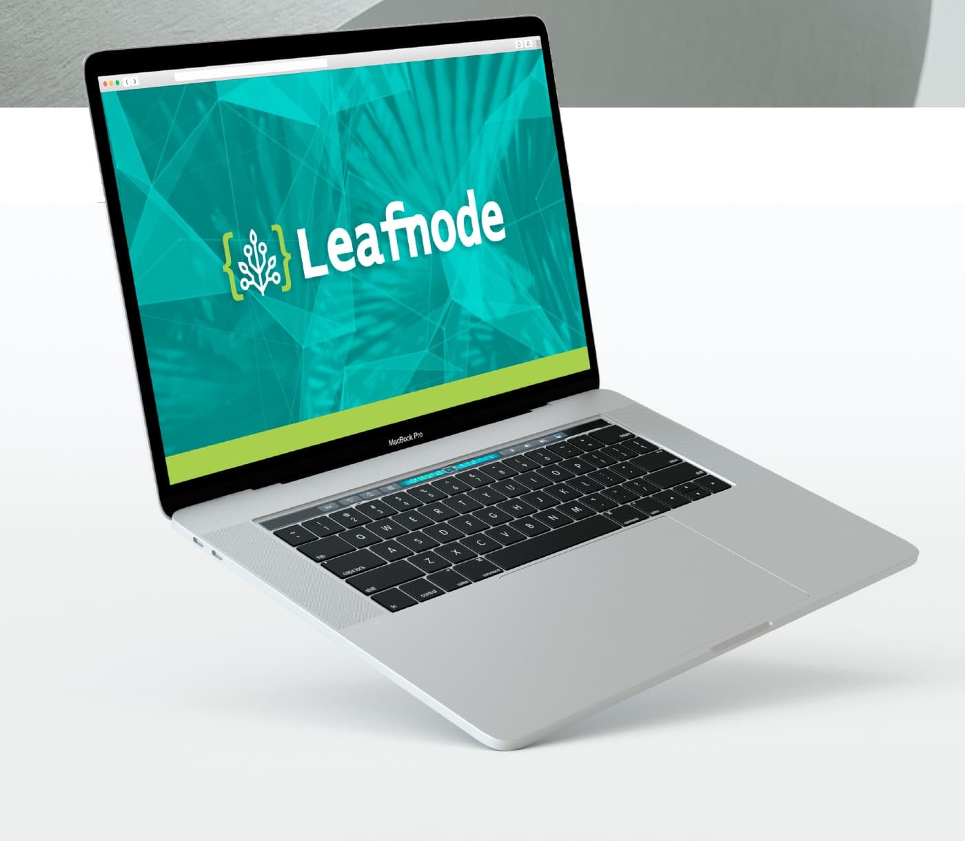 Mockup del logotipo Leafnode en la pantalla de un portátil con fondo turquesa de hojas
