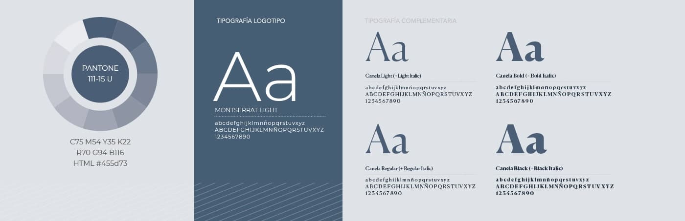 Paleta Pantone azul grisáceo y tipografías Canela y Montserrat