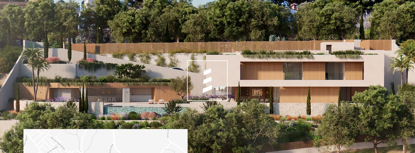 Render aéreo de la villa con piscina, jardín y plano de ubicación