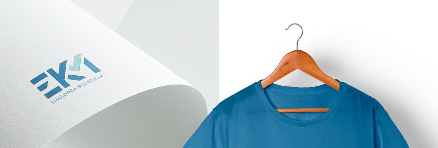 EKM Mallorca Solutions logo embossed in blue on paper next to a blue t-shirt on a hanger