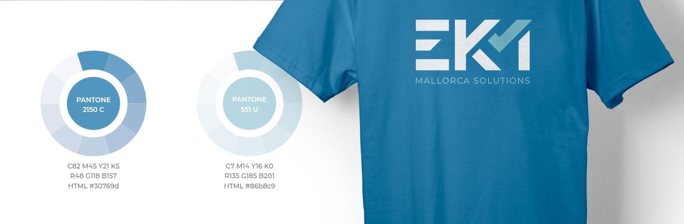 Colour wheels with EKM Mallorca's Pantone blue tones next to a corporate t-shirt