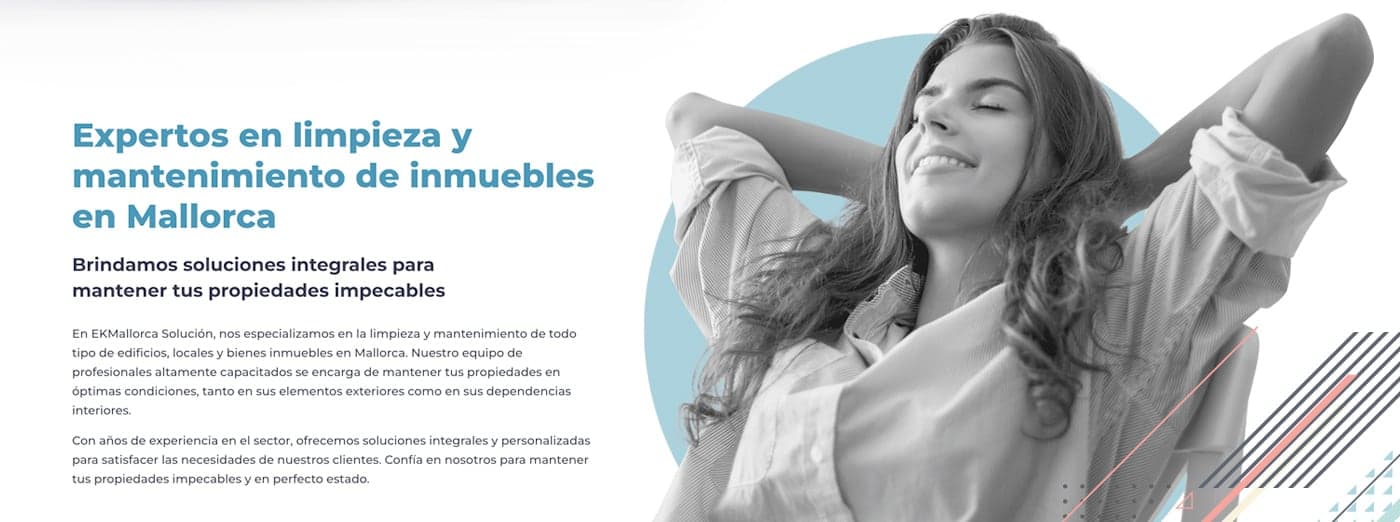 EKM Mallorca website in Spanish with a photo of a relaxed woman and a headline about property cleaning