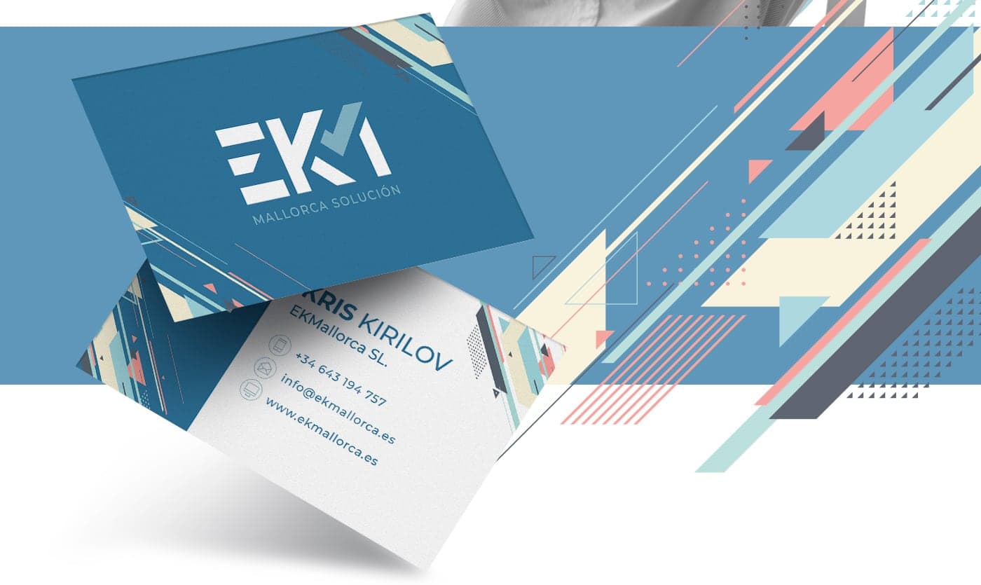 EKM Mallorca business cards with a geometric pattern in blue, pink and beige