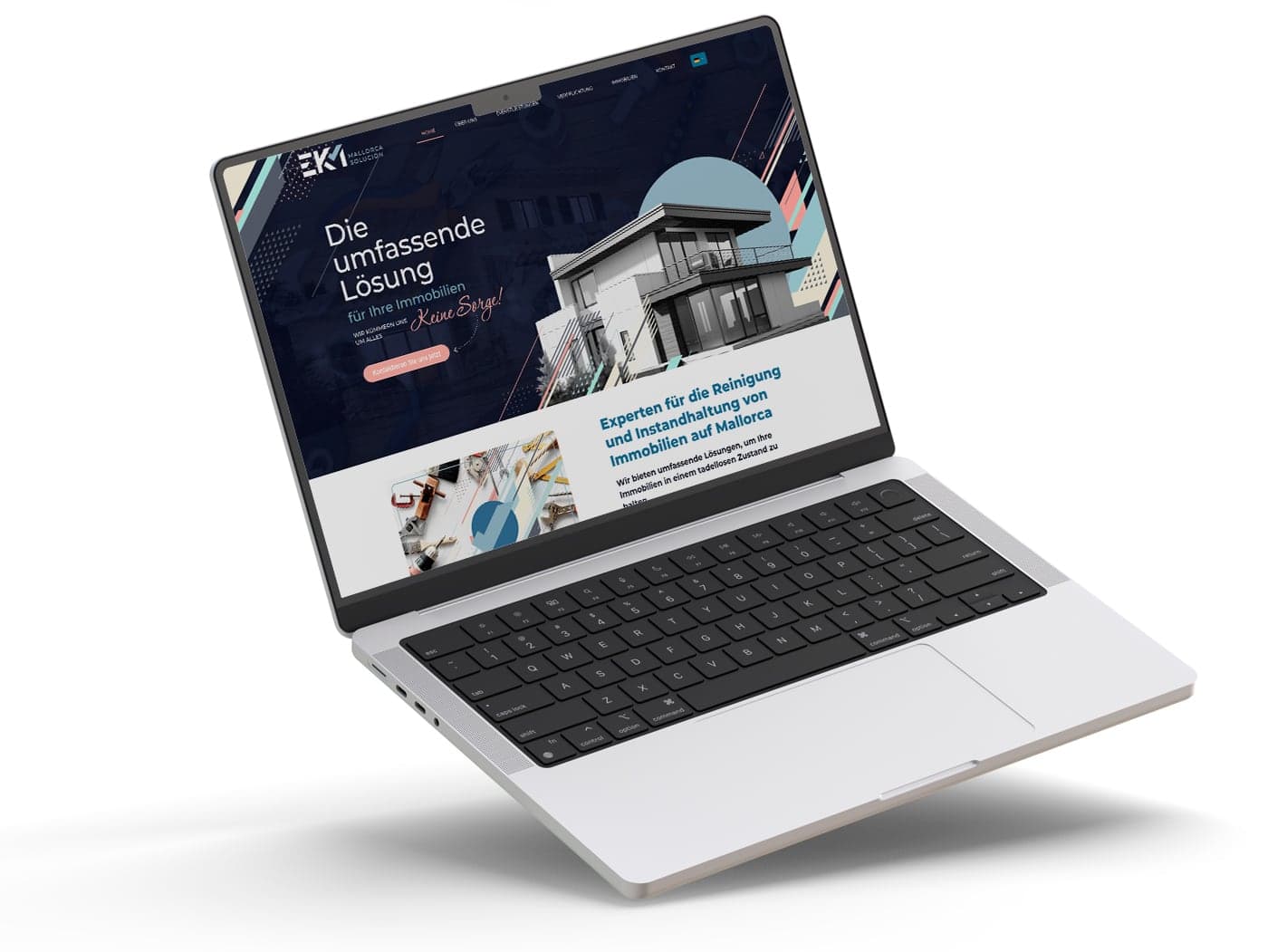 EKM Mallorca website in German on a laptop with a photo of a modern home