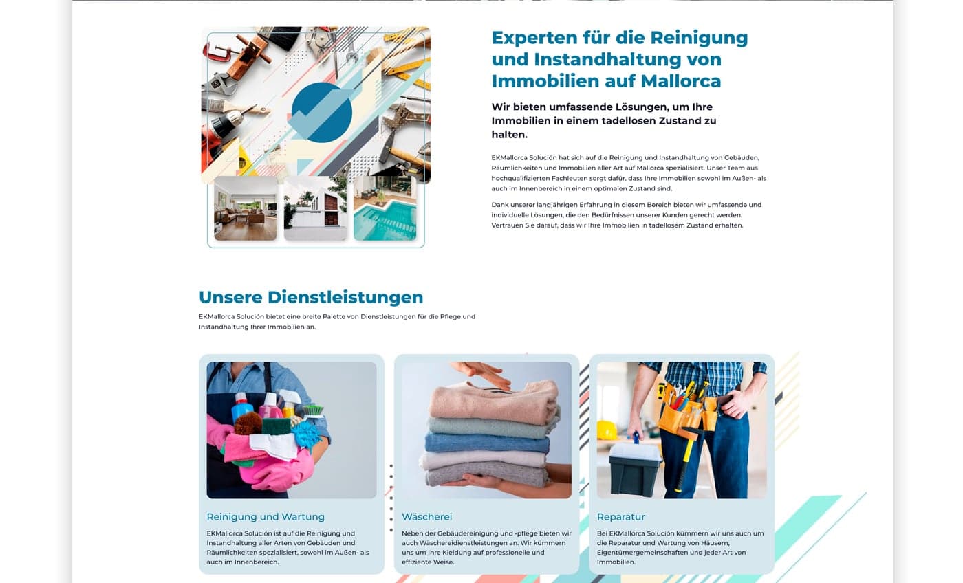 Website services section with photos of repair, cleaning and textiles