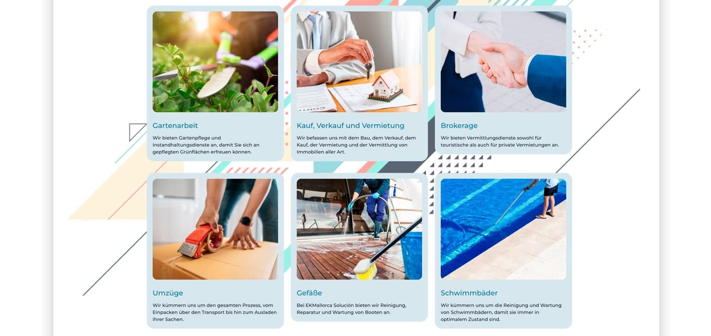 Grid of services with gardening, buying and selling, removals and pool cleaning