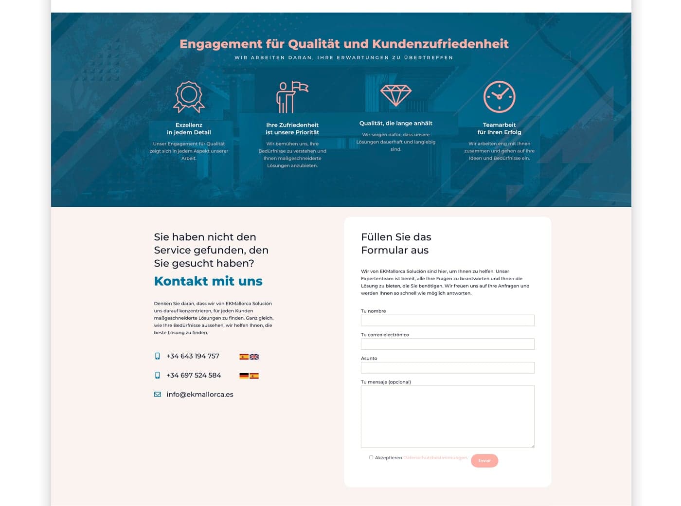 EKM Mallorca website footer with quality icons and contact form