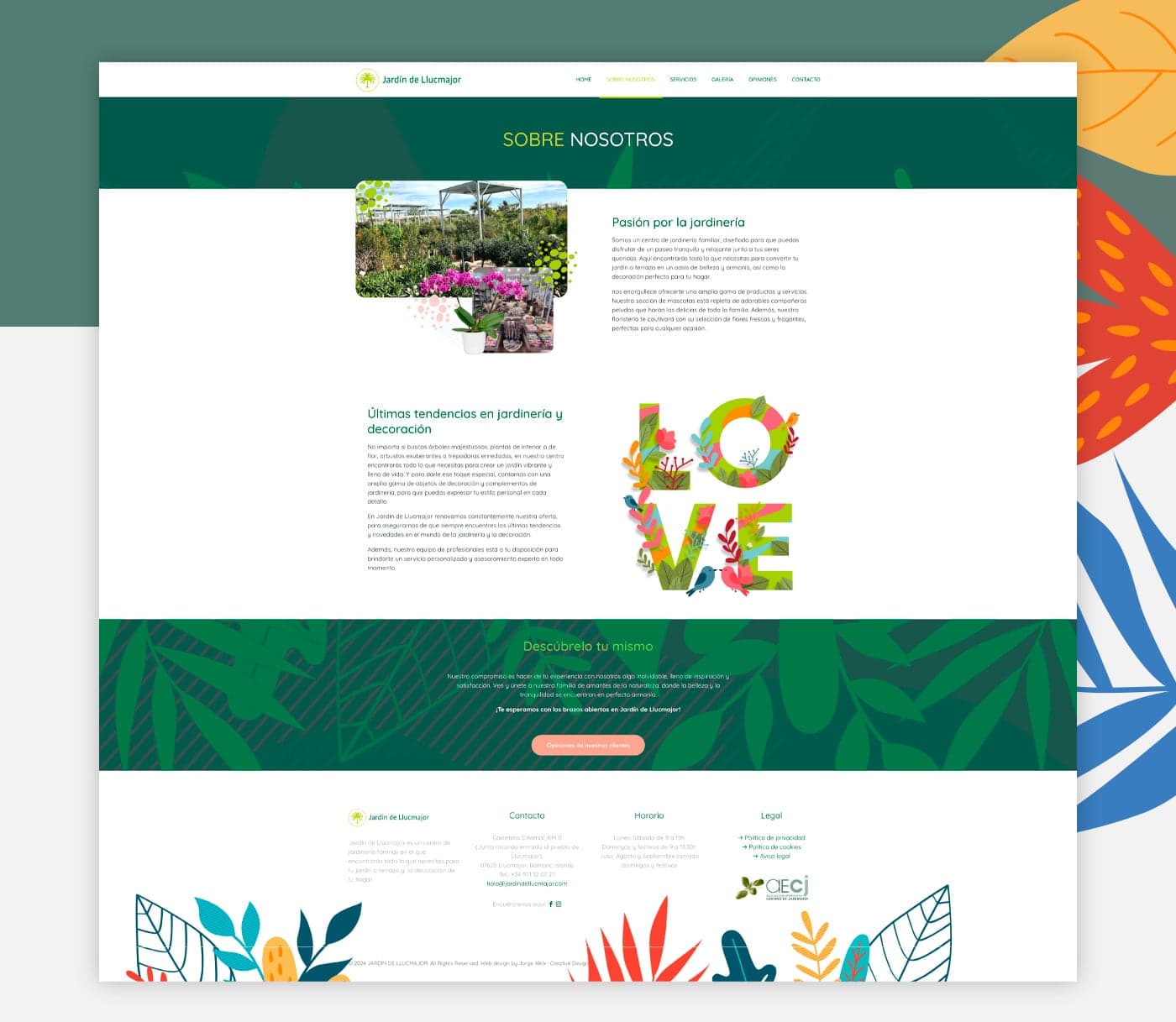 About Us page with a photo of the nursery and a LOVE floral illustration