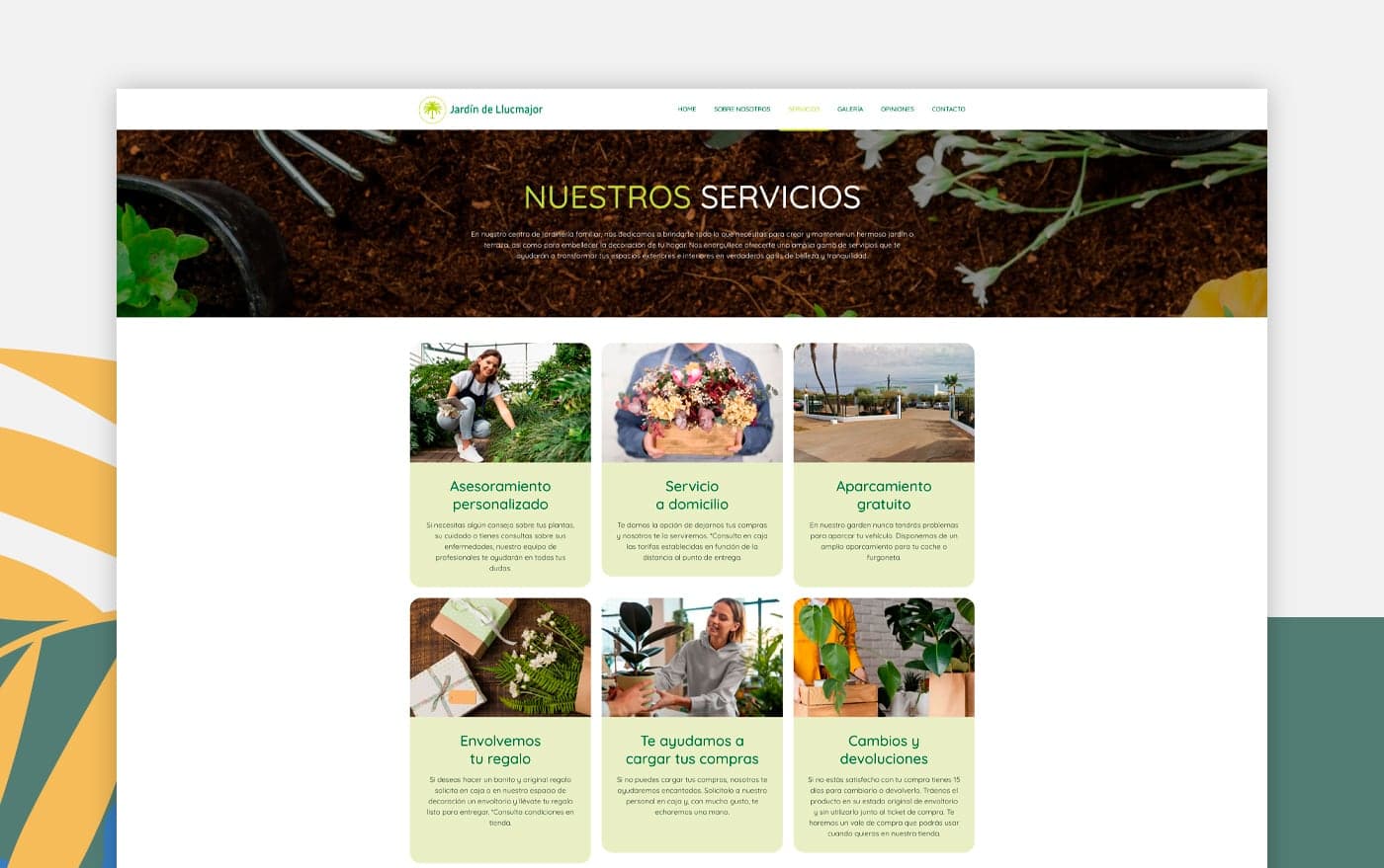 Services section with photographs of advice and floristry