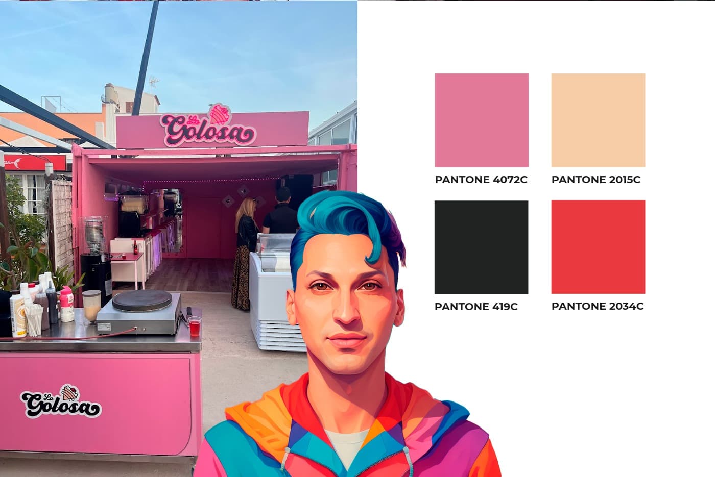 Fachada rosa del local con el rótulo La Golosa y el carrito de creps en la calle