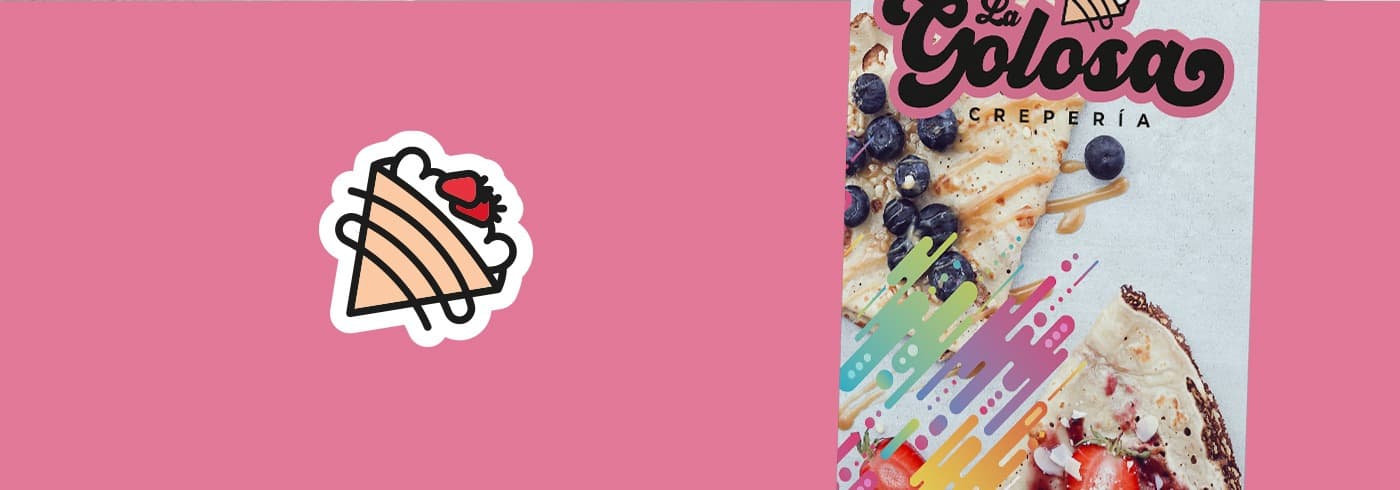 Pegatina del icono del crep junto al roll-up de La Golosa sobre fondo rosa