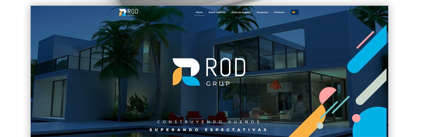 Website homepage with a villa at night and the tagline Building dreams
