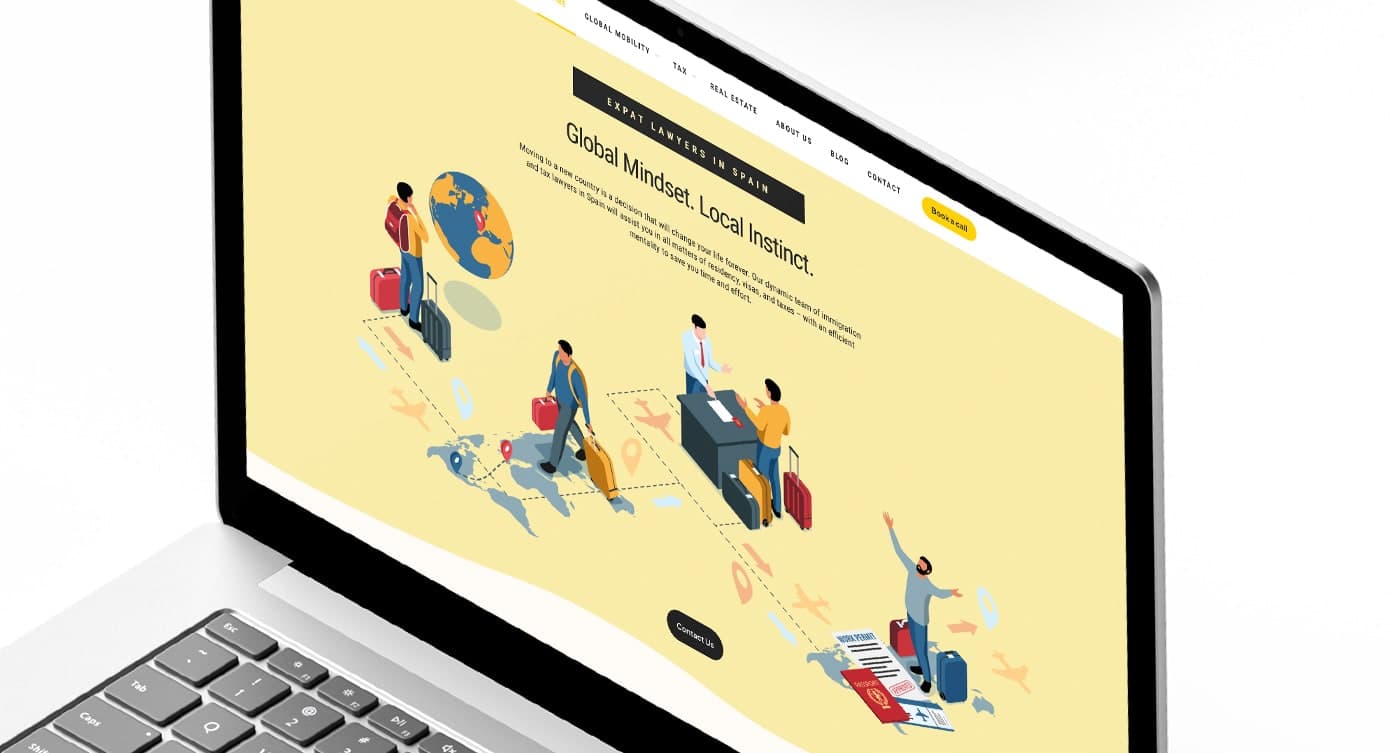 Ordenador portátil con la ilustración de viajeros y maletas de la web