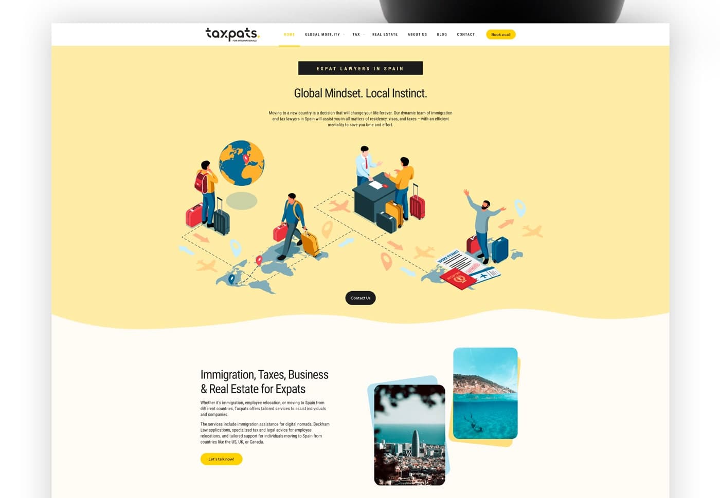 Página de inicio de la web con ilustraciones de personas viajando con maletas