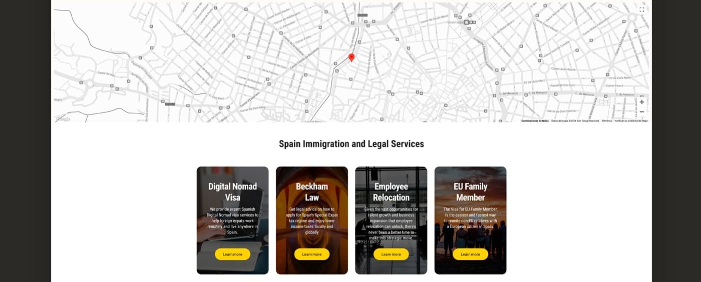 Mapa de la ubicación de la oficina junto a las tarjetas de servicios