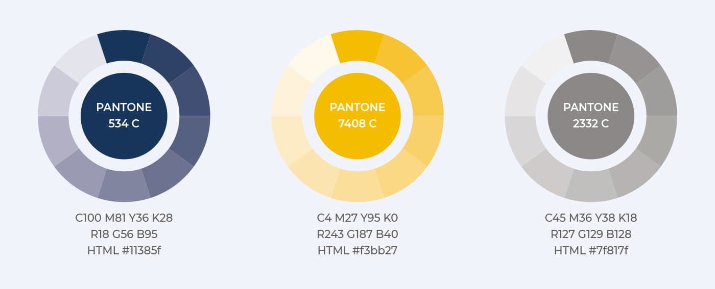 Corporate colour palette in Pantone: navy blue, yellow and grey