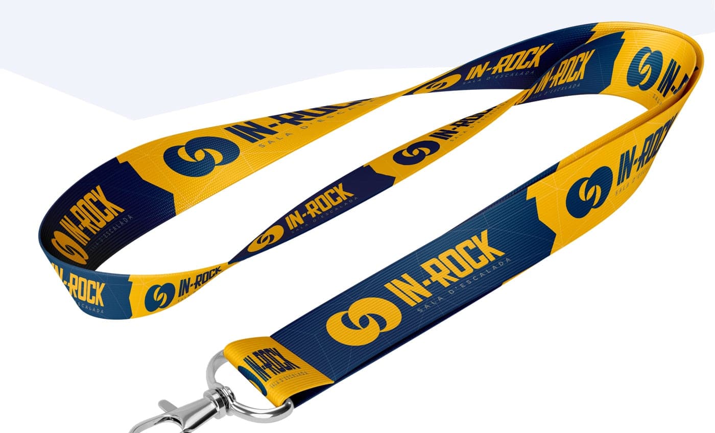 Mockup of a lanyard with the logo in blue and yellow