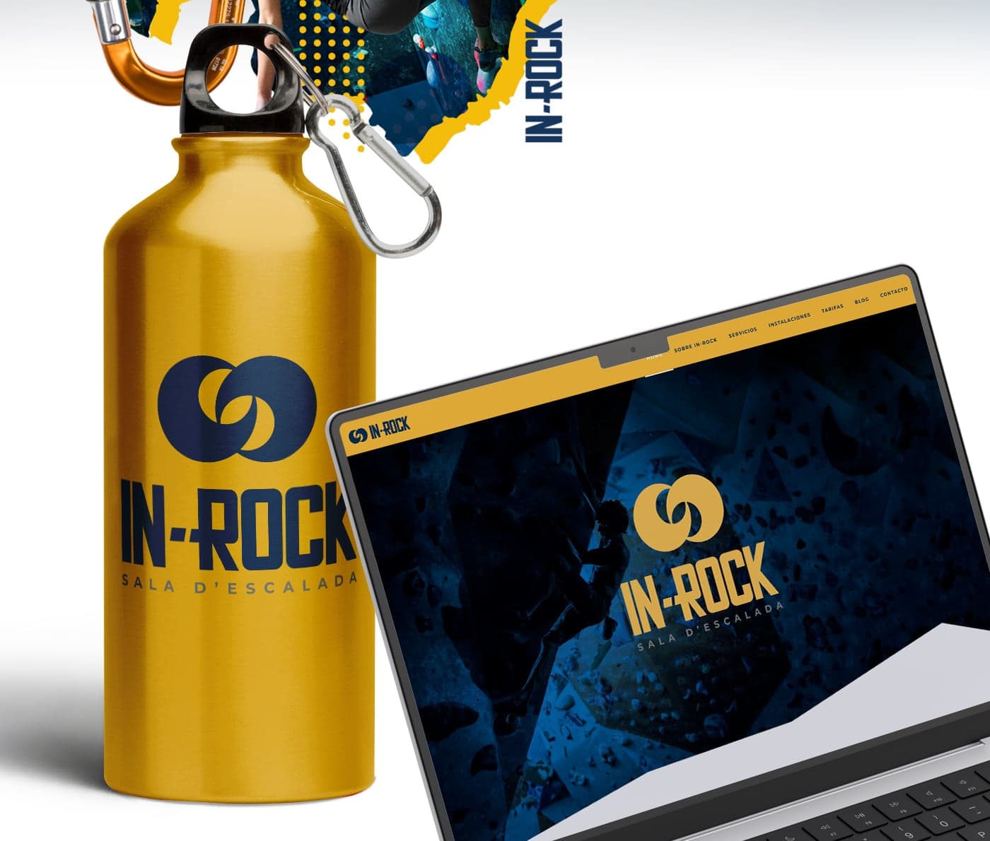 Yellow water bottle with the logo and a laptop showing the website