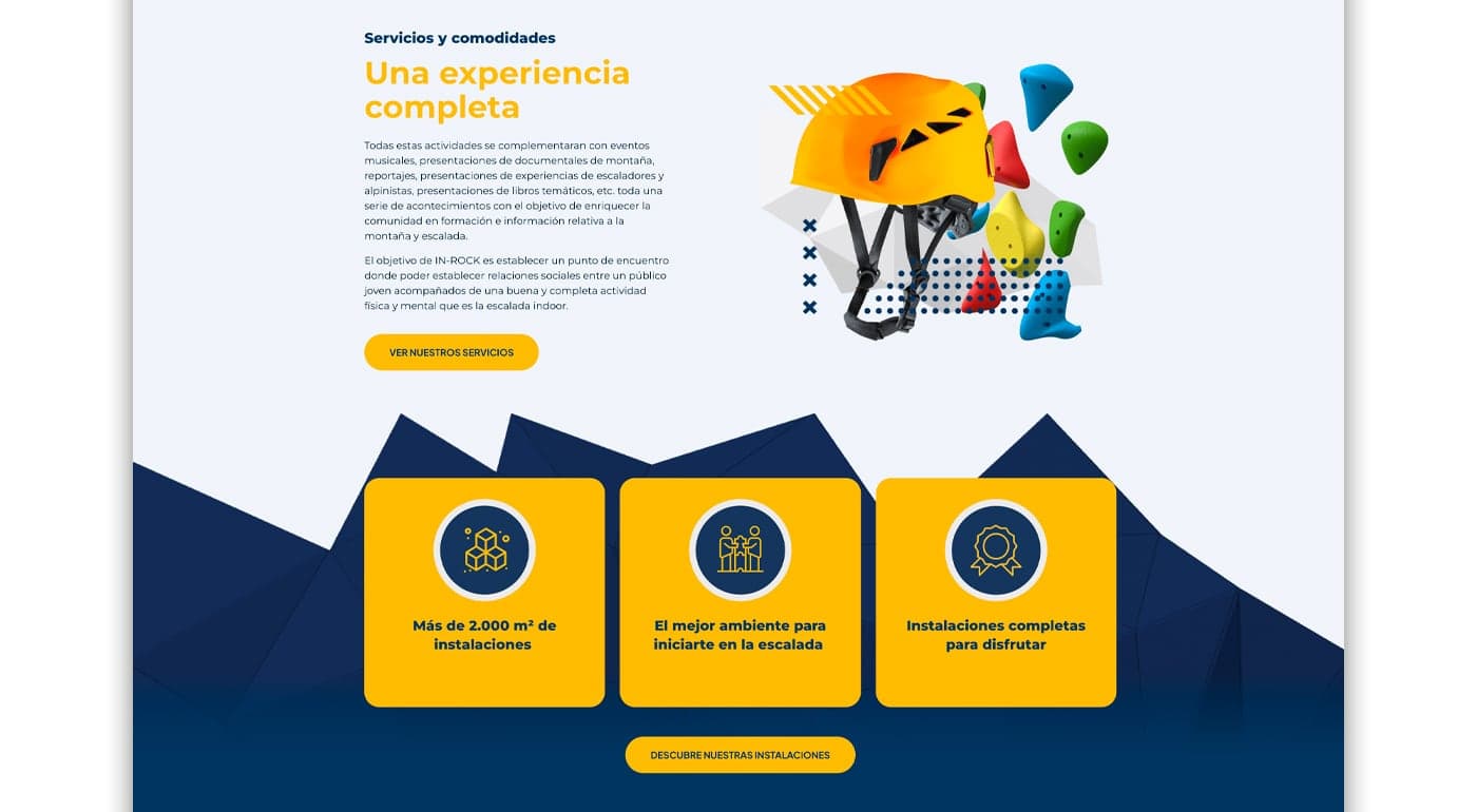 Website section with a yellow helmet and coloured climbing holds