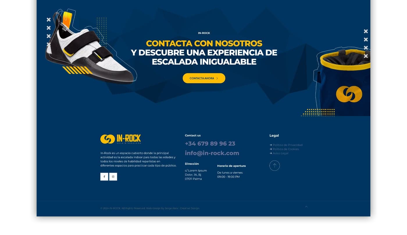 Website footer with a climbing shoe and a chalk bag