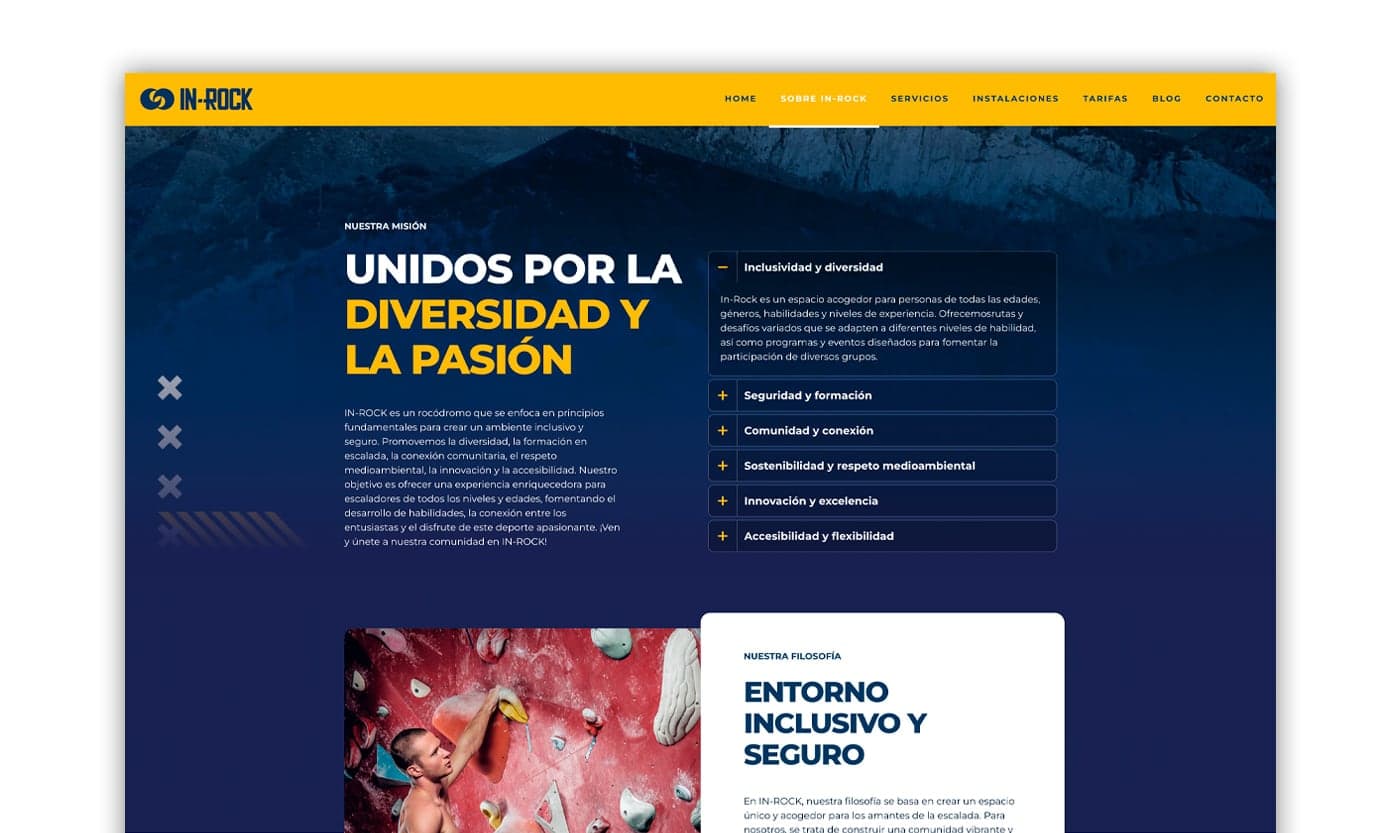 About In-Rock section with an expandable accordion of brand values
