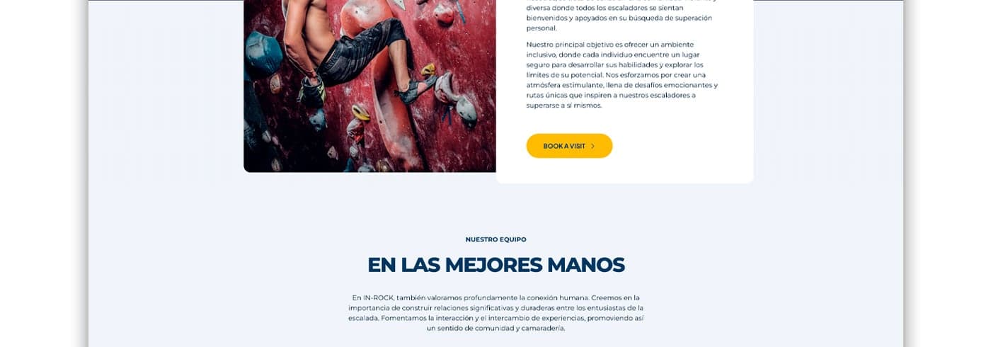 Team section with a photo of a climber on a red wall