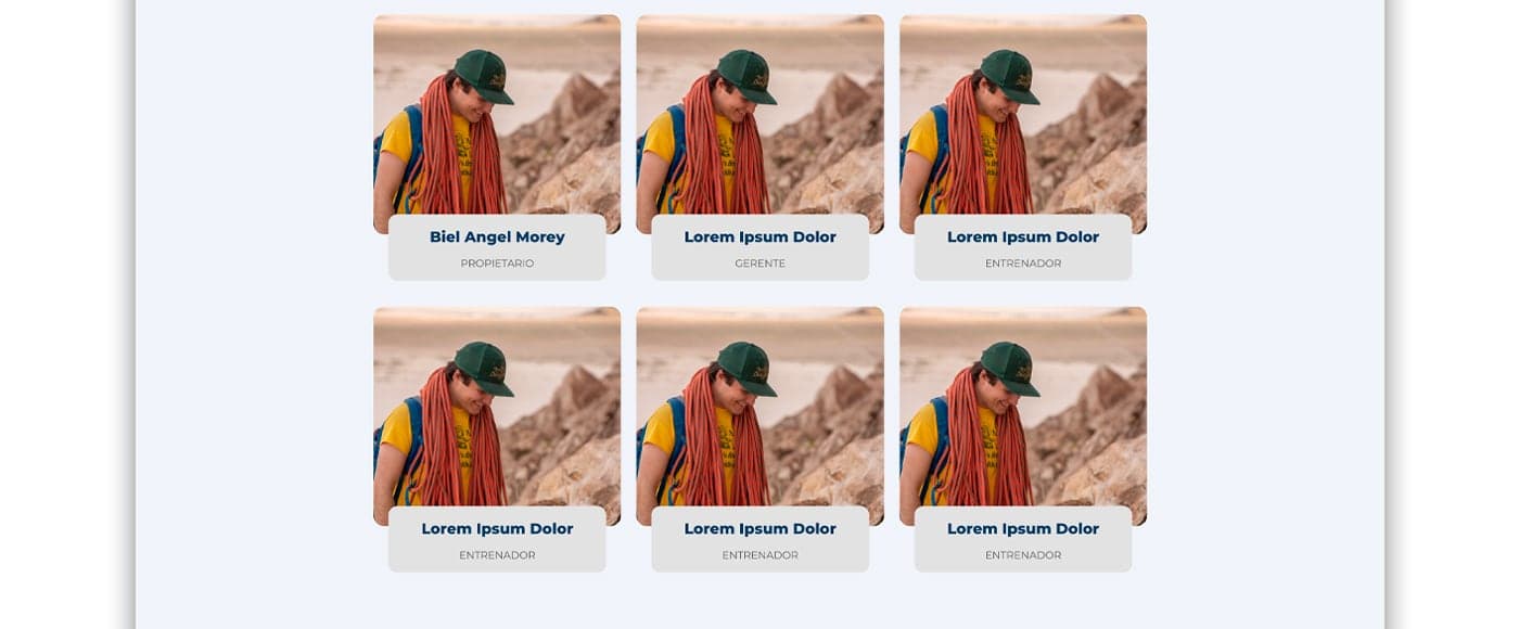 Grid of team profile cards with a repeated placeholder photo
