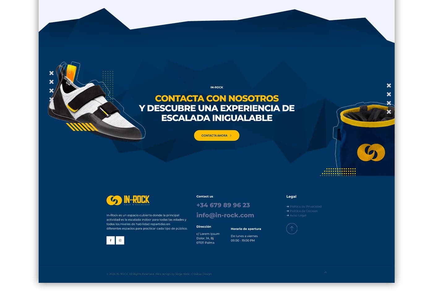Website footer with a climbing shoe and a chalk bag
