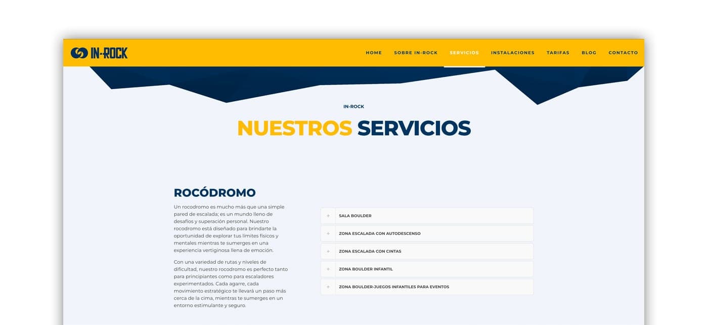 Website services page listing the climbing wall zones