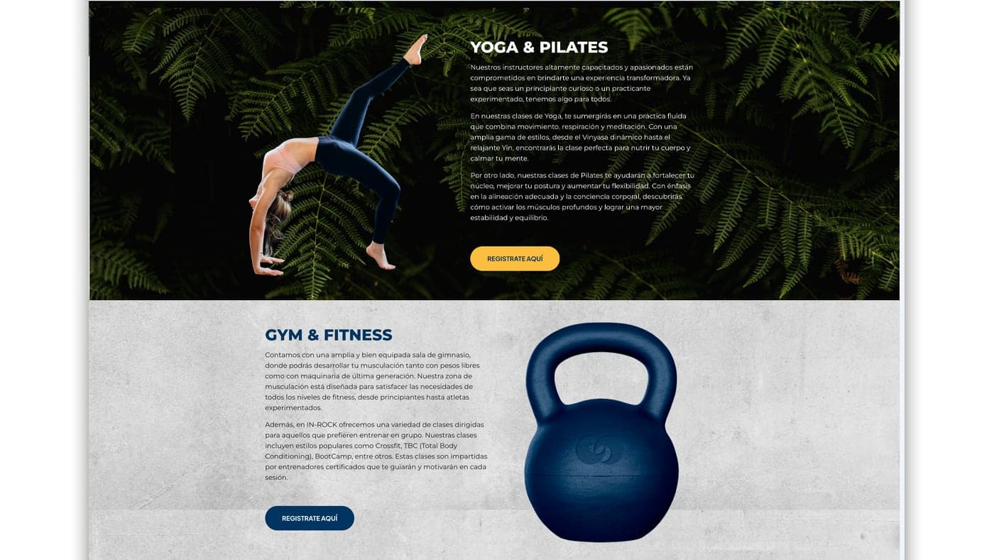 Yoga, pilates and gym section with photos of sports practice