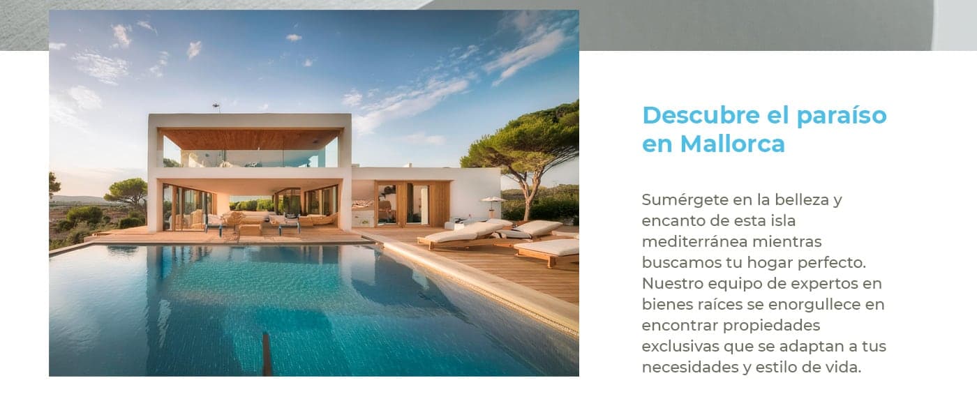 Website section with a photograph of a luxury villa with a pool in Mallorca