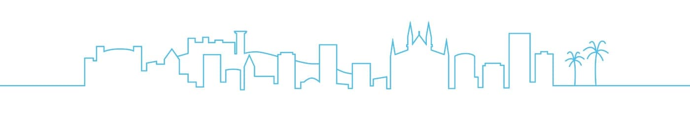 Illustration of Palma's urban skyline with palm trees in sky blue