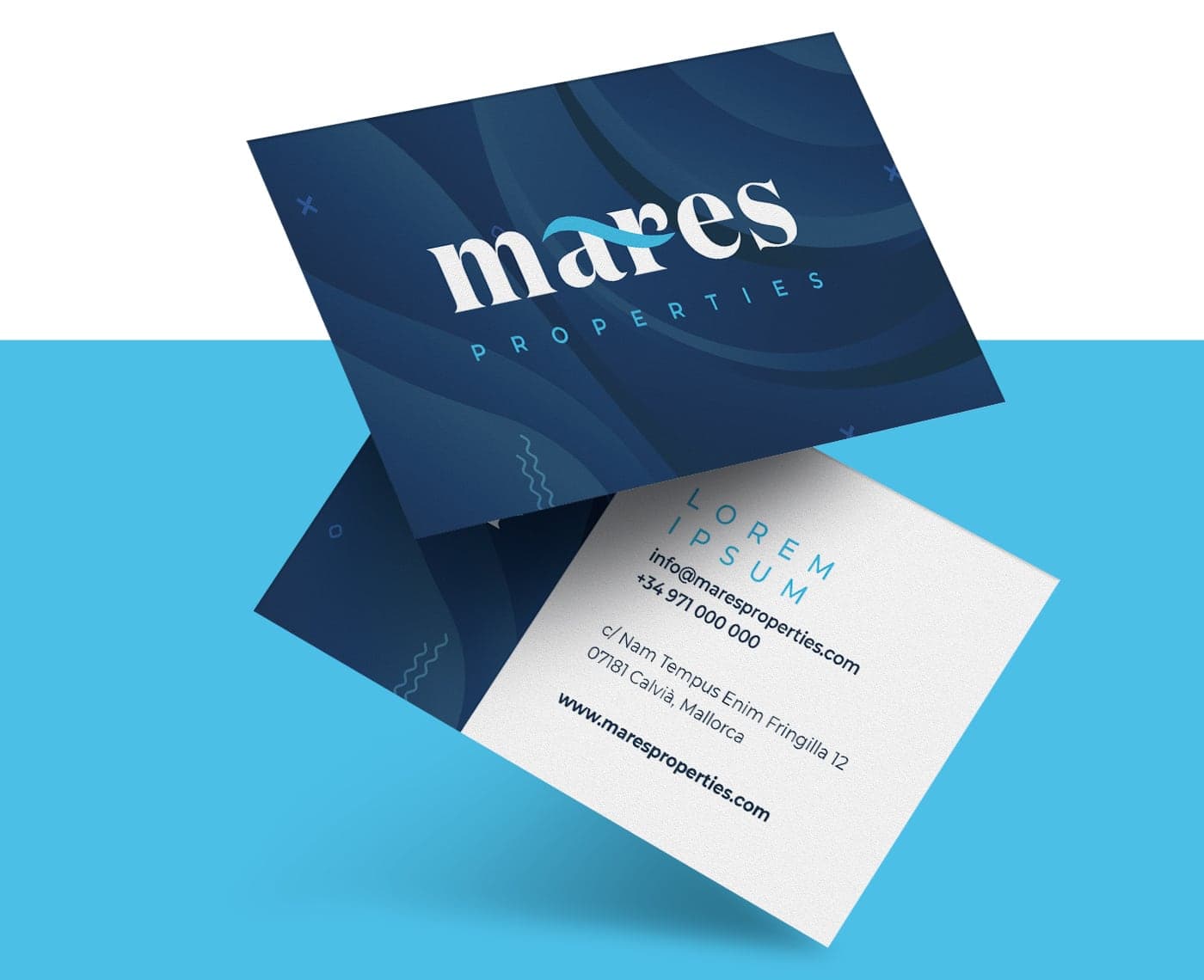 Navy blue business cards with waves and contact details on the back