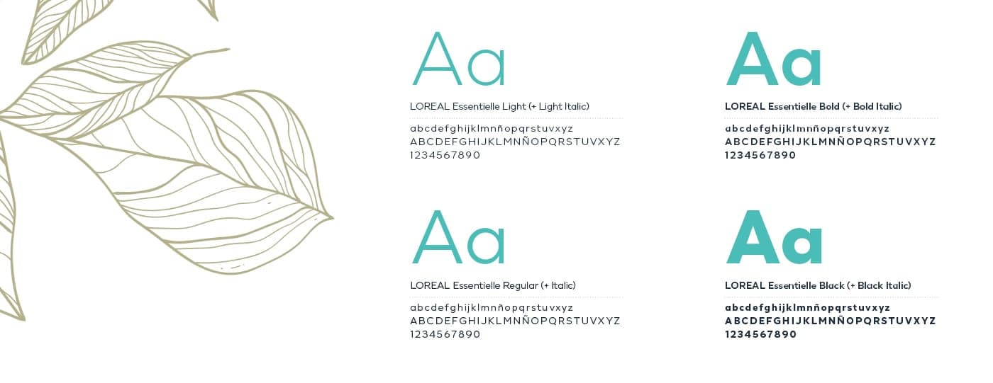 Tipografia corporativa LOREAL Essentielle mostrada en els seus diferents pesos