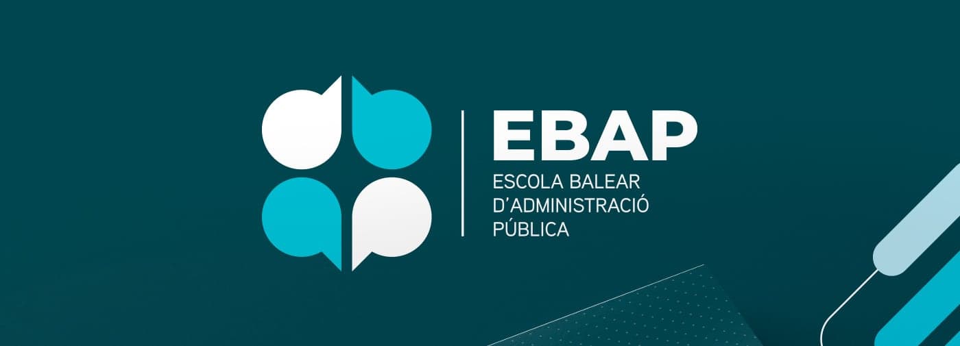 Logotipo de la EBAP con símbolo de bocadillos de conversación sobre fondo verde azulado