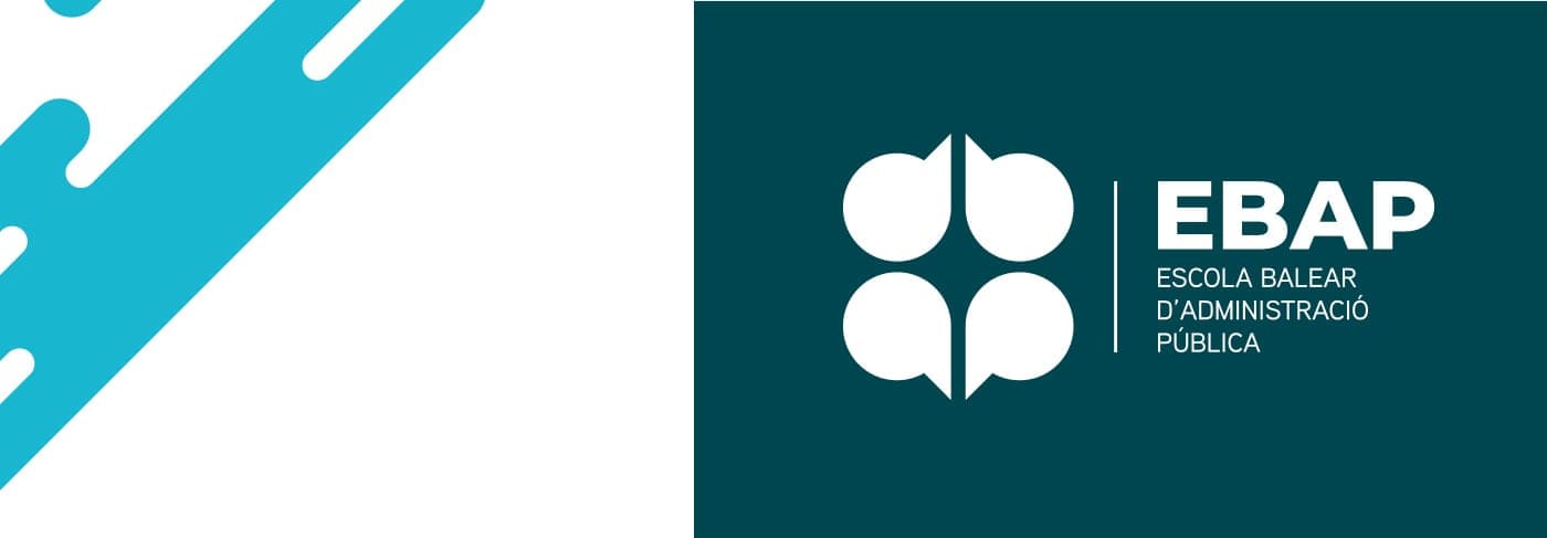 Patrón geométrico turquesa junto al logotipo de la EBAP en blanco sobre fondo verde azulado