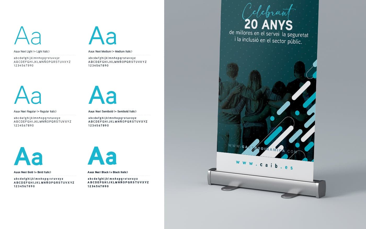 Muestrario tipográfico Aaux Next junto a un roll-up conmemorativo del 20 aniversario