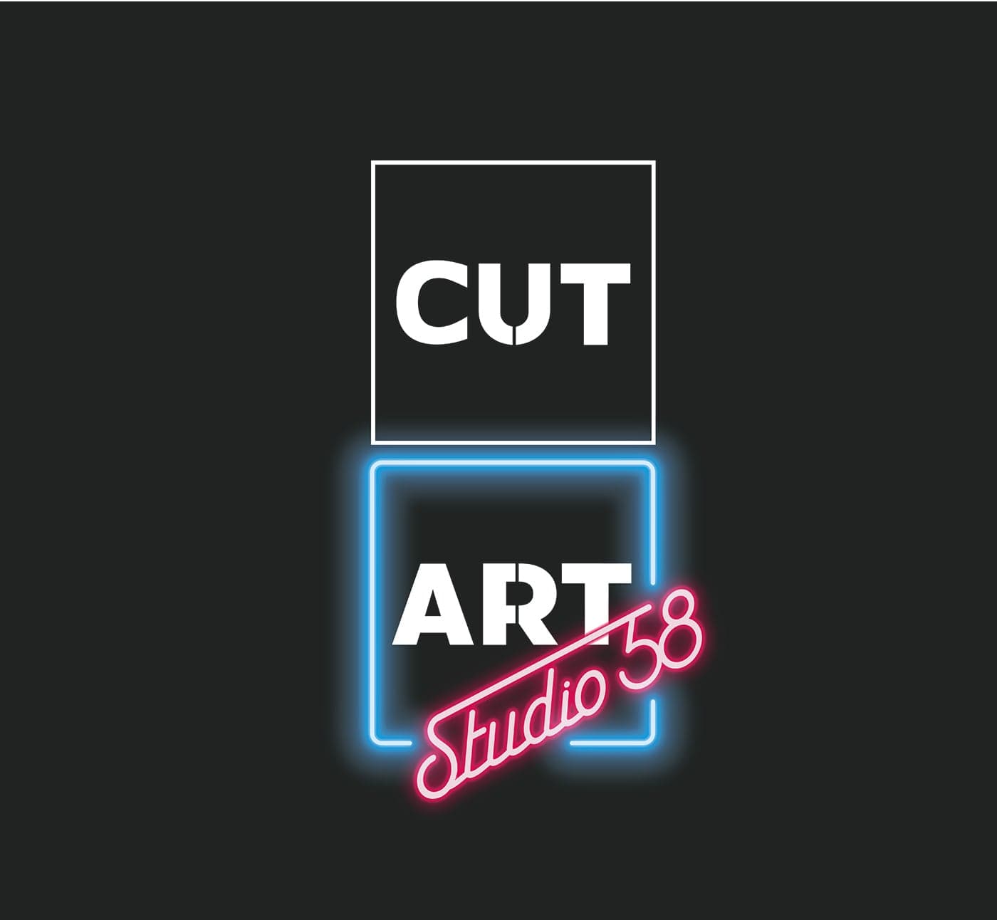Logotipo de CUT ART Studio 58 con efecto neón sobre fondo gris oscuro