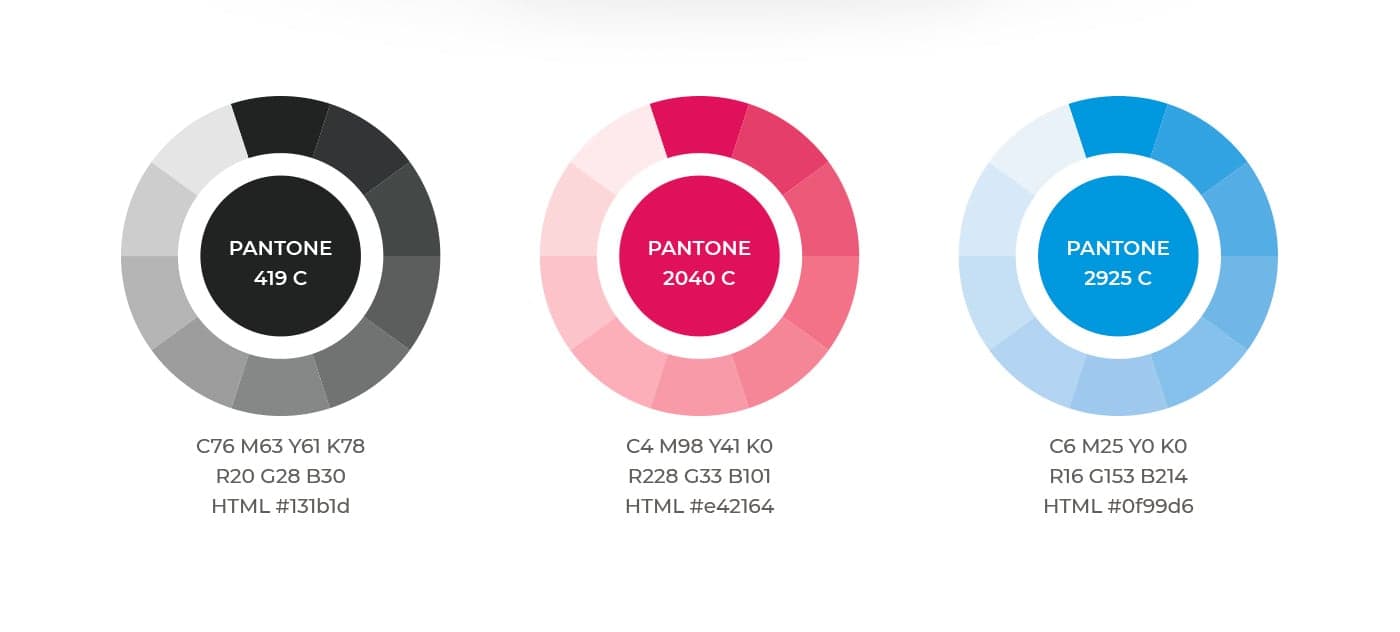 Paleta de colores corporativa en negro, rosa neón y azul con códigos Pantone