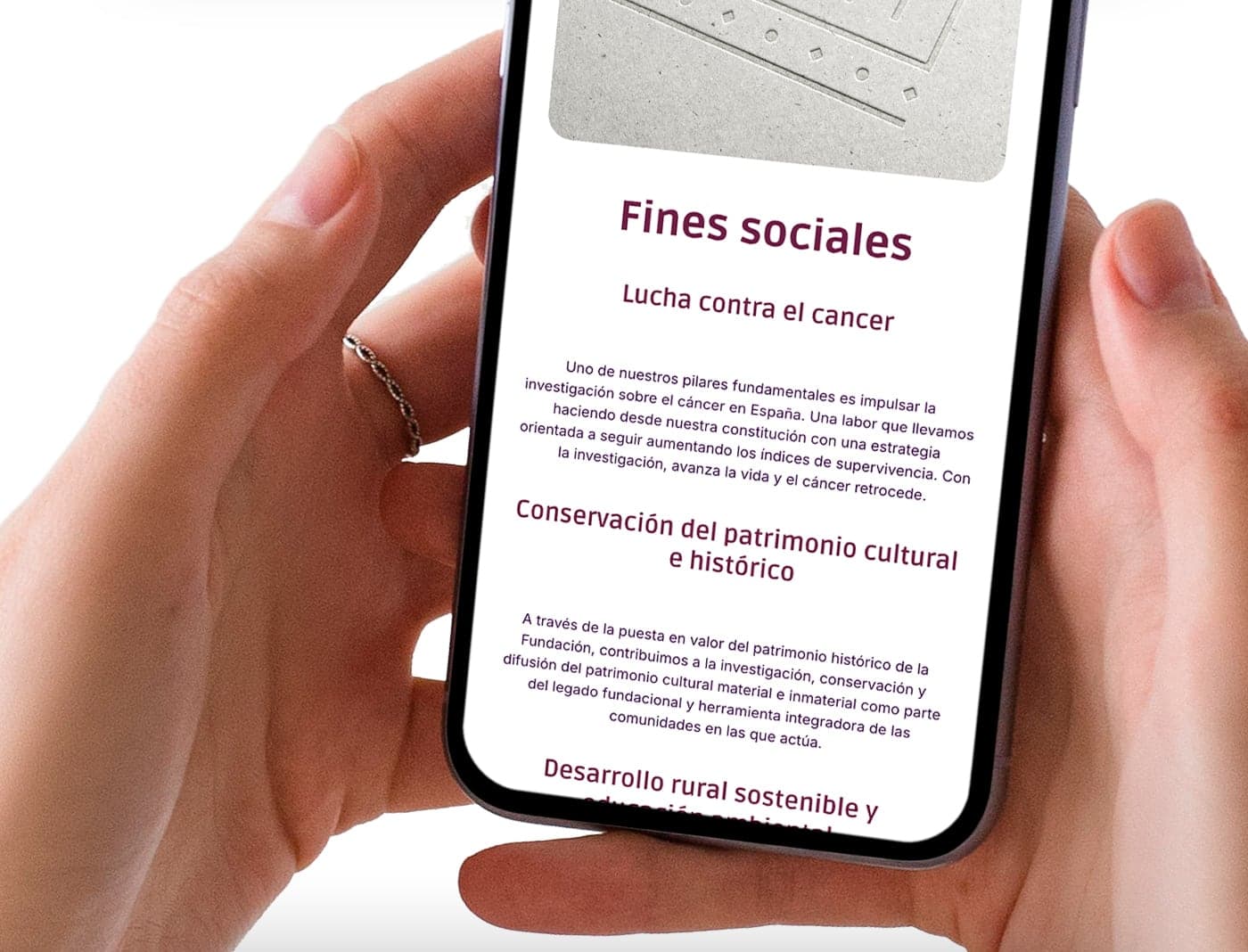 Pantalla de mòbil amb l'apartat Fins socials de la fundació