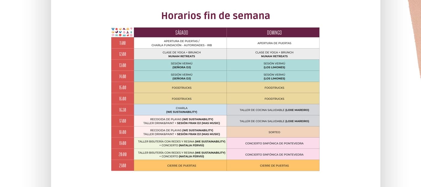 Taula d'horaris del cap de setmana del festival, dissabte i diumenge