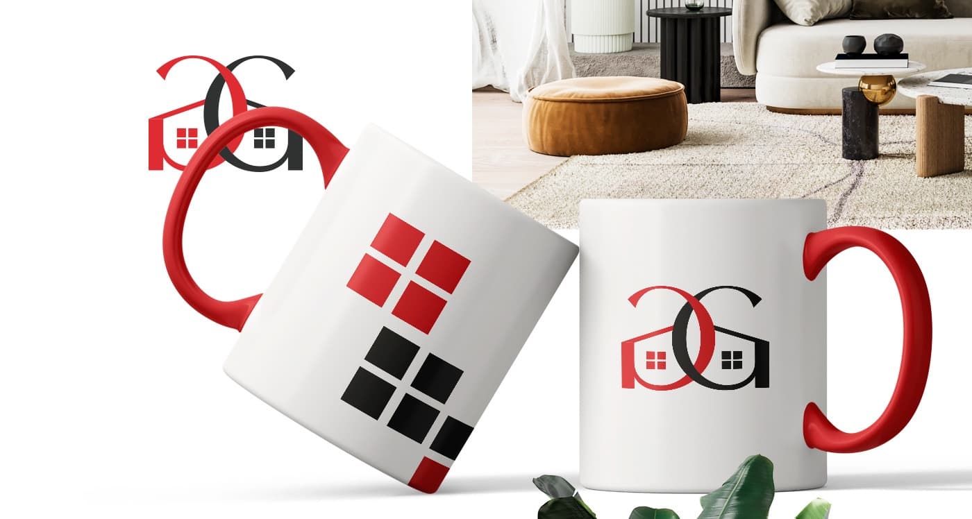 Tazas blancas con el logotipo y un patrón geométrico en un salón