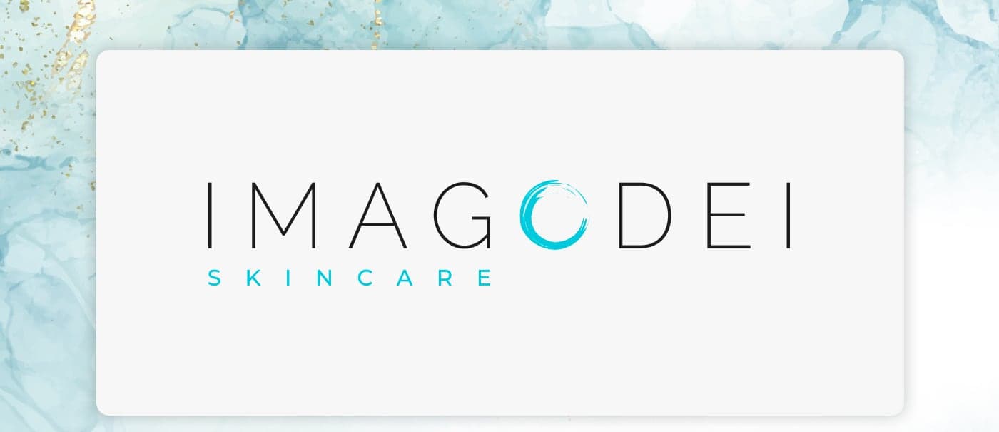 Imago Dei Skincare logo on a card with turquoise and gold marble